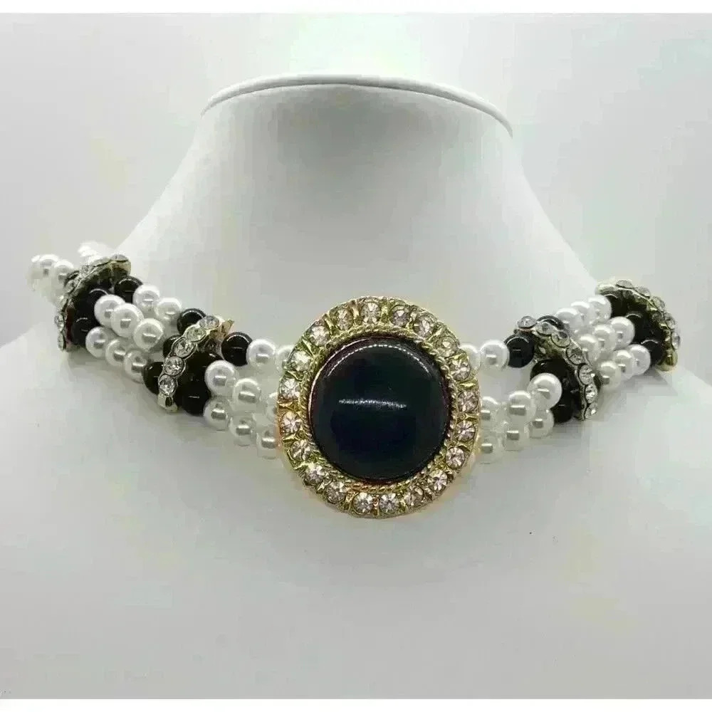 Vintage 3 Strand Faux Pearl Choker Black Pendant & Rhinestones Necklace Classy